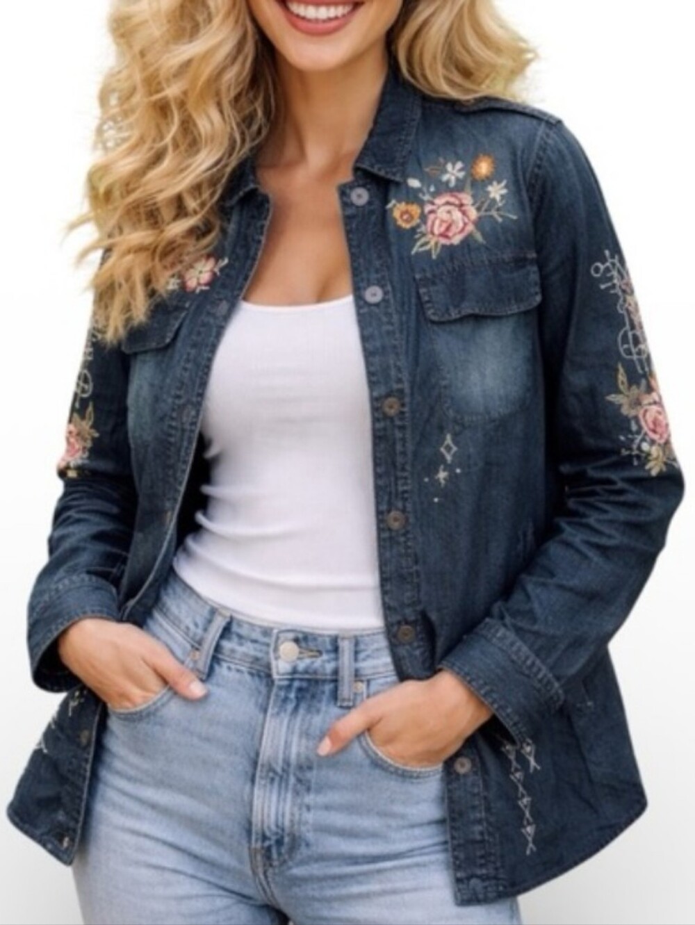 Johnny Was Umoya Denim Jacket- Floral, Celestial + Serpent Embroidery Size Small